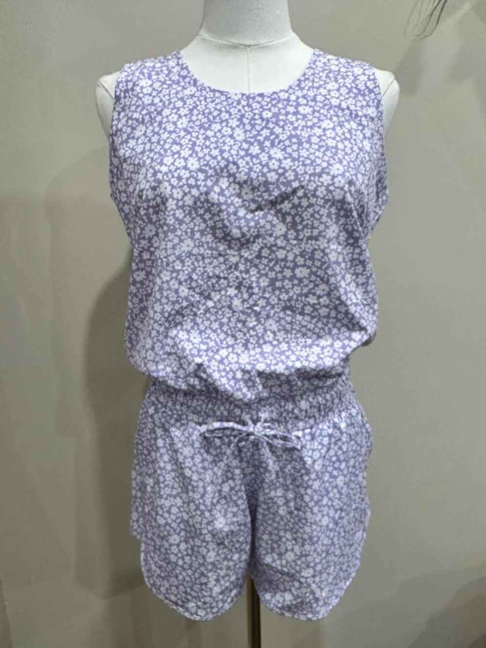 Albion Fit Destination Romper Lavender Floral Small Twee Boho-Chic Quiet Luxury